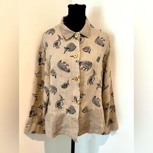 BETS by Canvasbacks Taupe Black 4 Wood Button Bird Fish Linen Boxy Jacket Medium